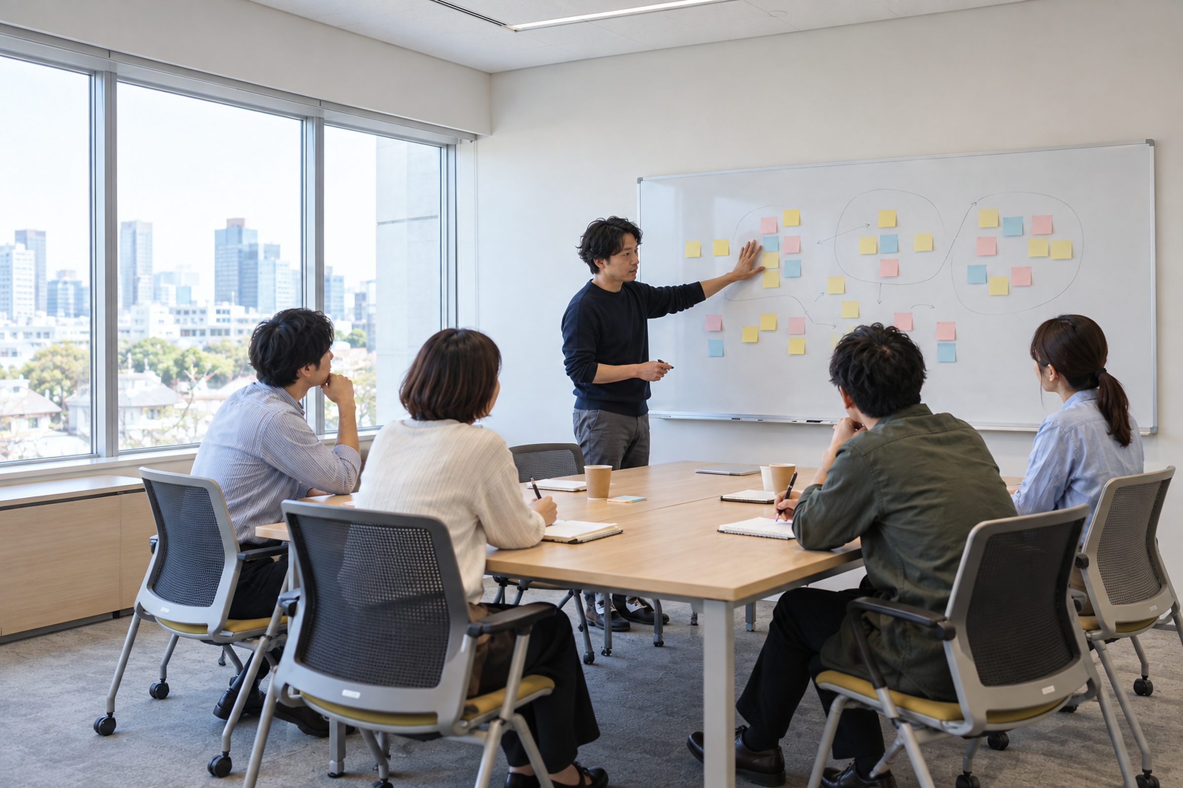 付箋を貼ったホワイトボードの前で説明する人と、それを聞くメンバー