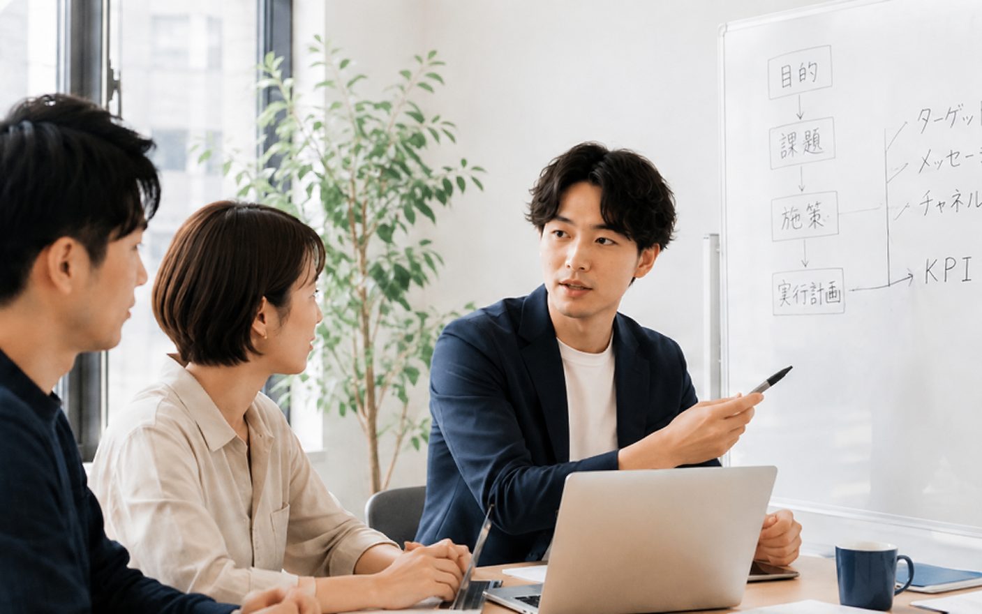 ホワイトボードの前で、プロジェクトの進め方を説明している打ち合わせ